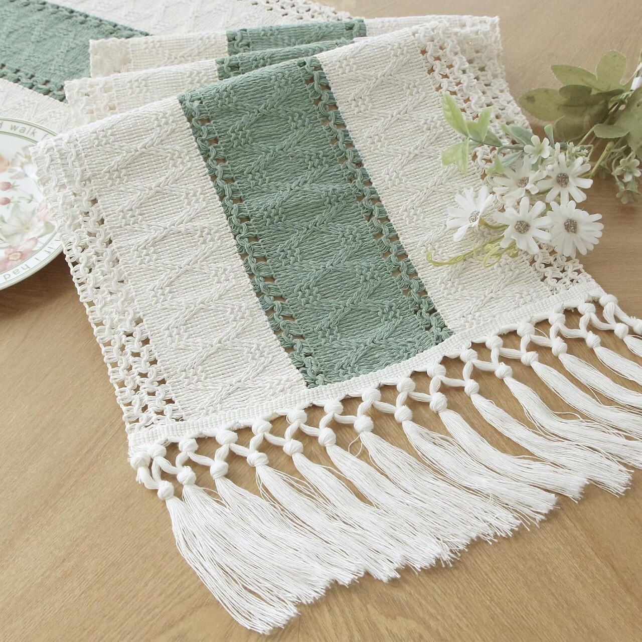 Boho Macrame Sage Green Table Runner with Tassels (12x72 Inches)